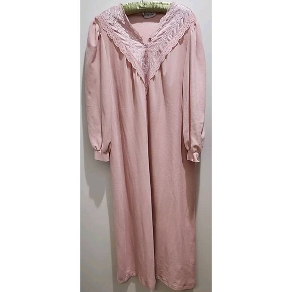 VTG Vanity Fair Pink Floral Eyelet Lace Nightgown Robe Half Zip Housecoat Size L - Picture 4 of 11